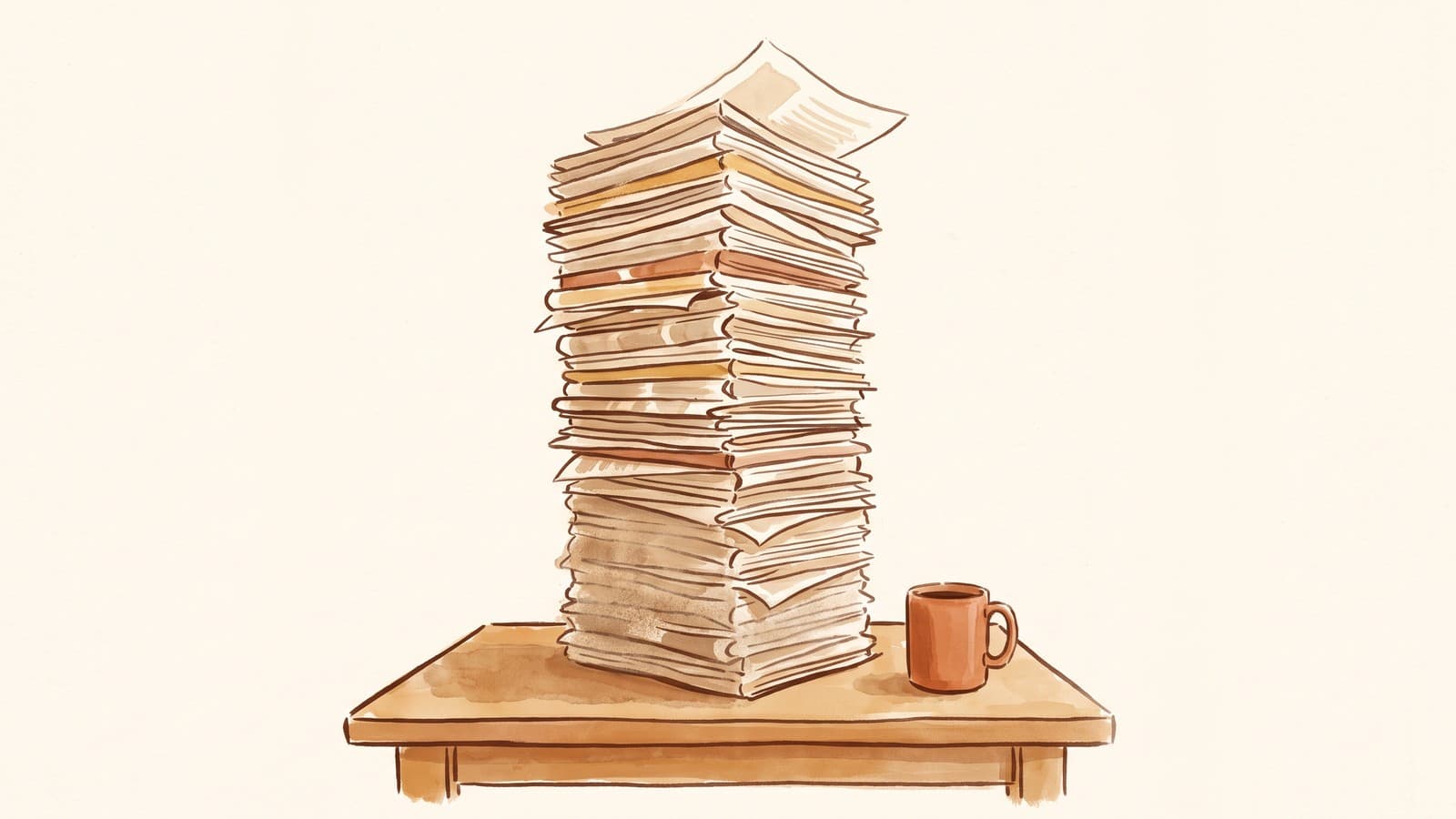 A watercolour of a leaning tower of saved articles on a desk, dust settling over the lower half beside a cold cup of coffee