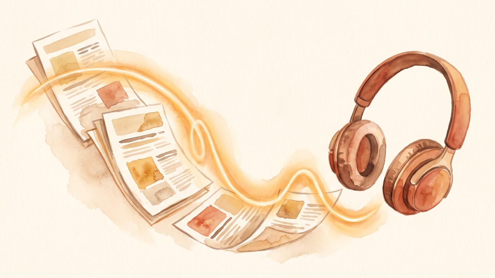 A watercolour of a few saved article cards curving into a pair of headphones, a soft audio waveform running between them