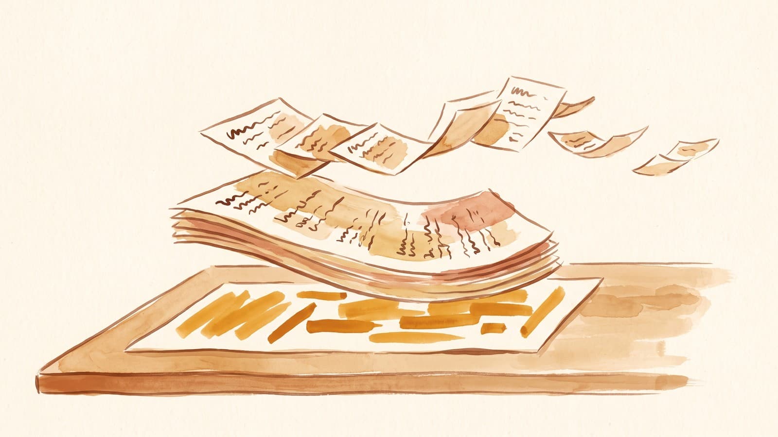 A watercolour of three layers lifting off a desk: loose cards flying away easily, a heavy slab of printed pages sagging as it rises, and a sheet of amber highlighter marks left flat on the table