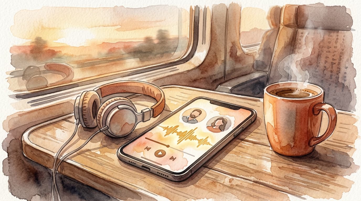 A phone playing an AI-generated solo/duo podcast next to headphones and a highlighted article